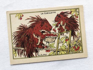 Vintage card for children by the French illustrator Ray-Lambert - "La cueillette"