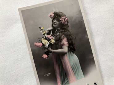 Glossy Vintage French Postcard with Young Artist With A Bouquet of Flowers