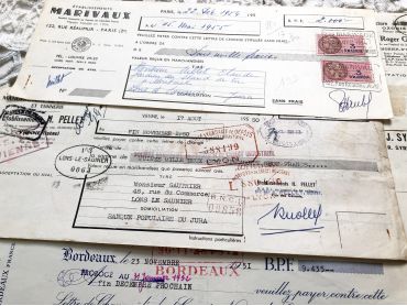 Set of 8 French bills of exchange from 1950s with tax stamps and rubber-stamps