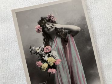 Glossy Vintage French Postcard with Young Artist With A Bouquet of Flowers