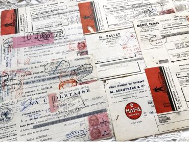 Set of 8 French bills of exchange from 1950s with tax stamps and rubber-stamps