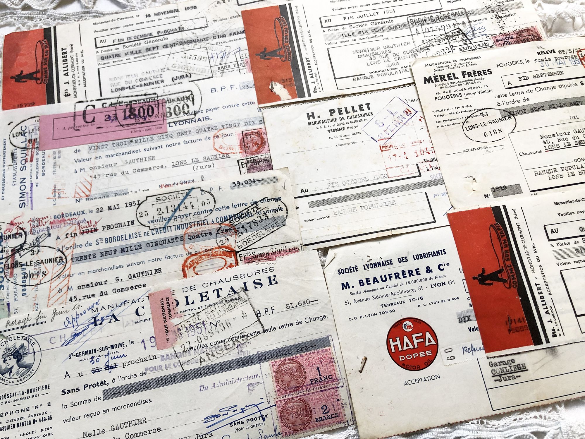 Set of 8 French bills of exchange from 1950s with tax stamps and rubber-stamps Set of 8 French bills of exchange from 1950s with tax stamps and rubber-stamps