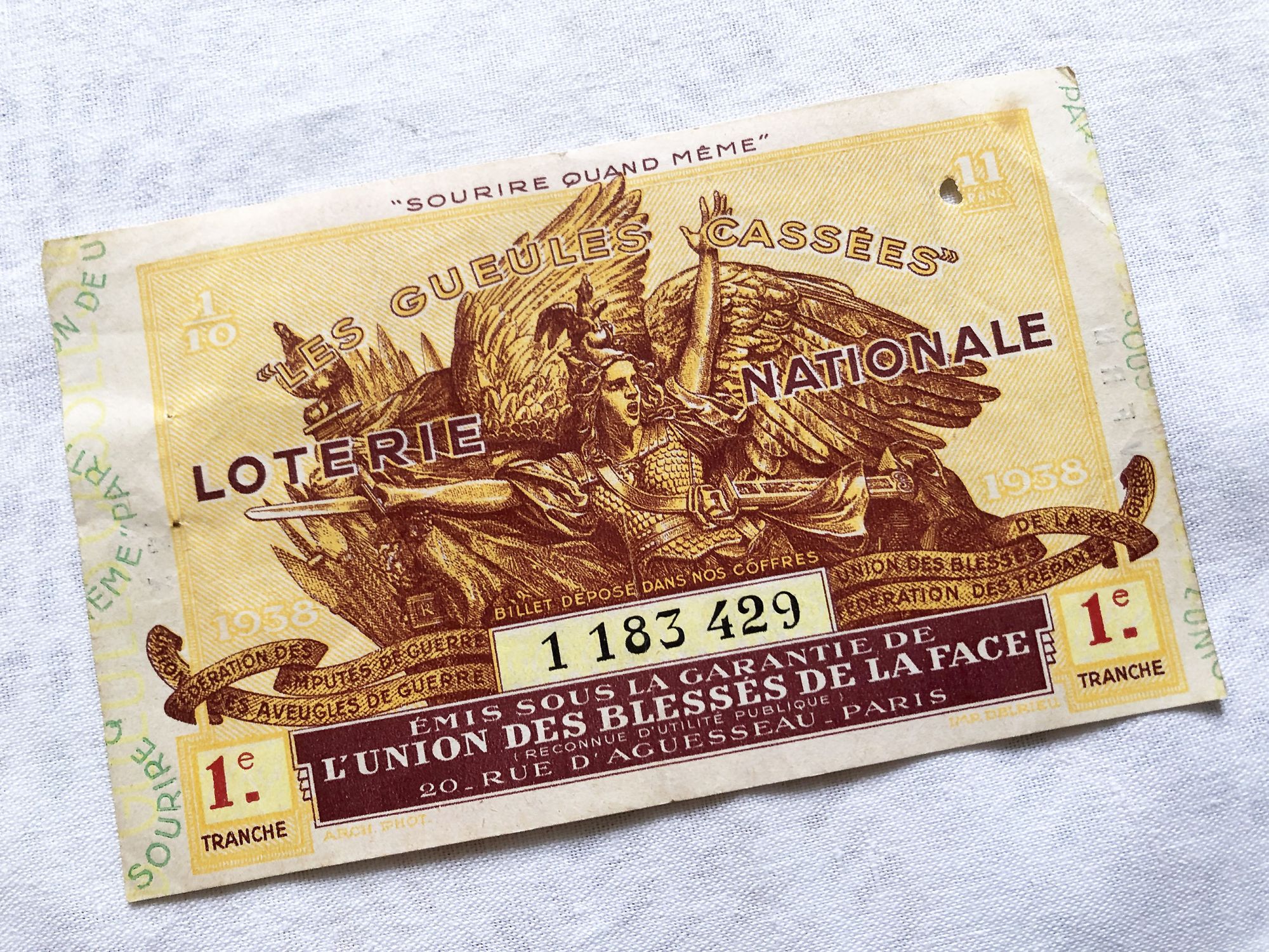 Huge French lottery tickets "Les gueules cassées" from 1938