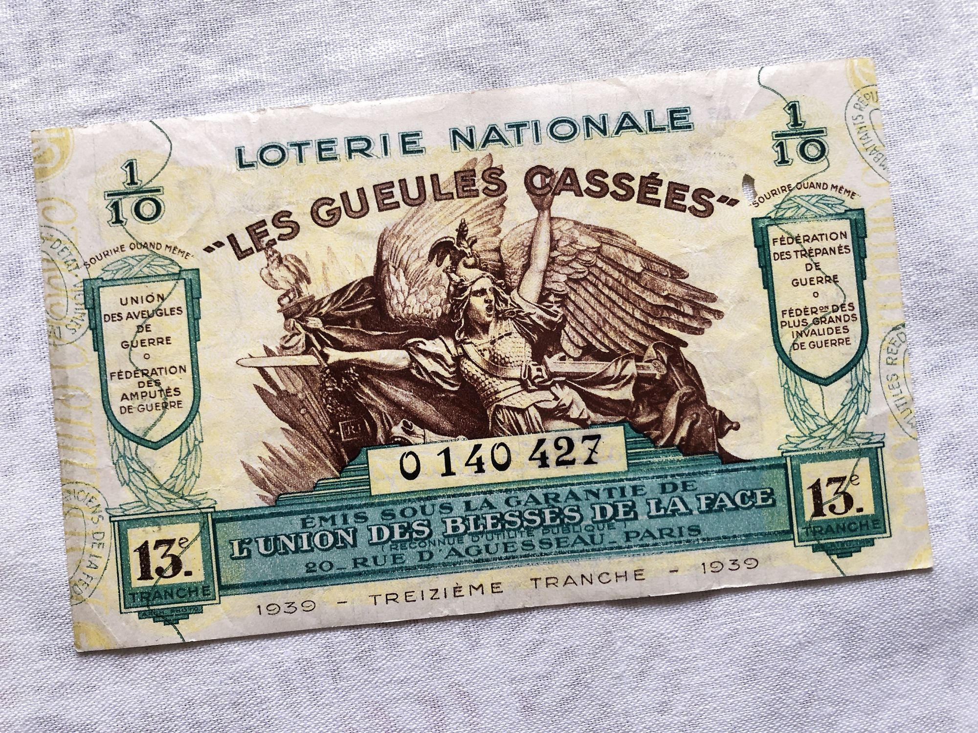 Huge French lottery tickets "Les gueules cassées" from 1939