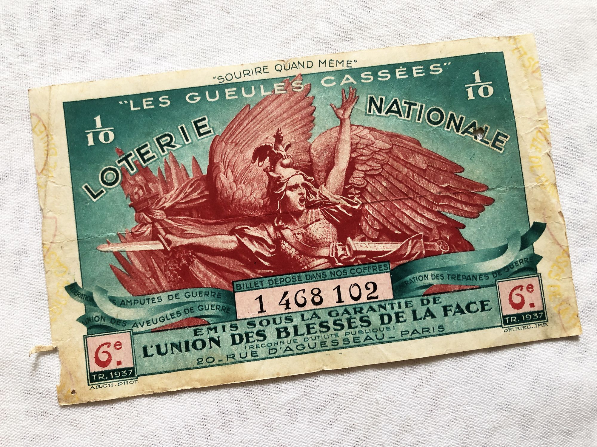 Huge French lottery tickets "Les gueules cassées" from 1937