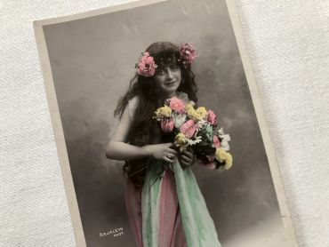 Glossy Vintage French Postcard with Young Artist With A Bouquet of Flowers