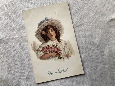 Vintage Belgian postcard with young girl with a bouquet of flowers from 1900s