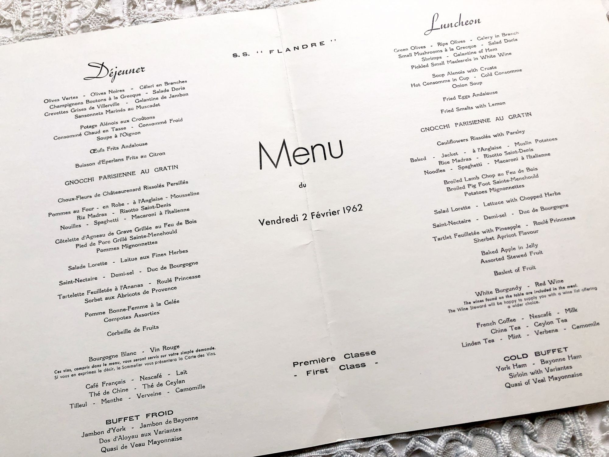 Large French liner menu with an incredible choice of dishes - Liner "Flandre" - Menu of February 2, 1962