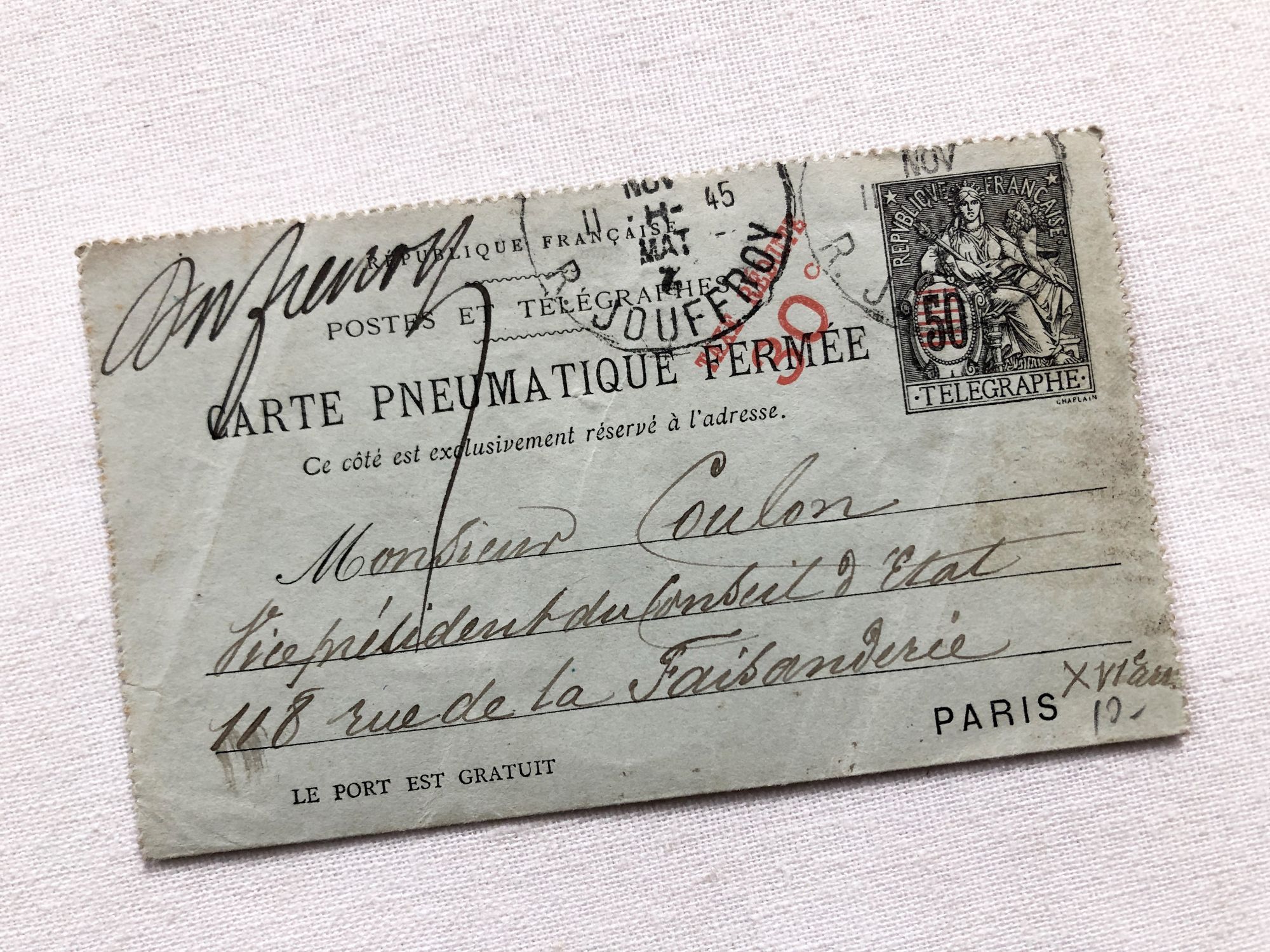 Telegram addressed to Georges Coulon Vice-President of the French Council of State from 1898 to 1912.