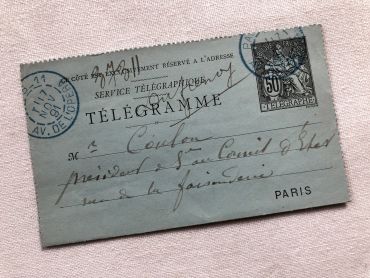 Telegram addressed in 1891 to Georges Coulon President of the French Council of State