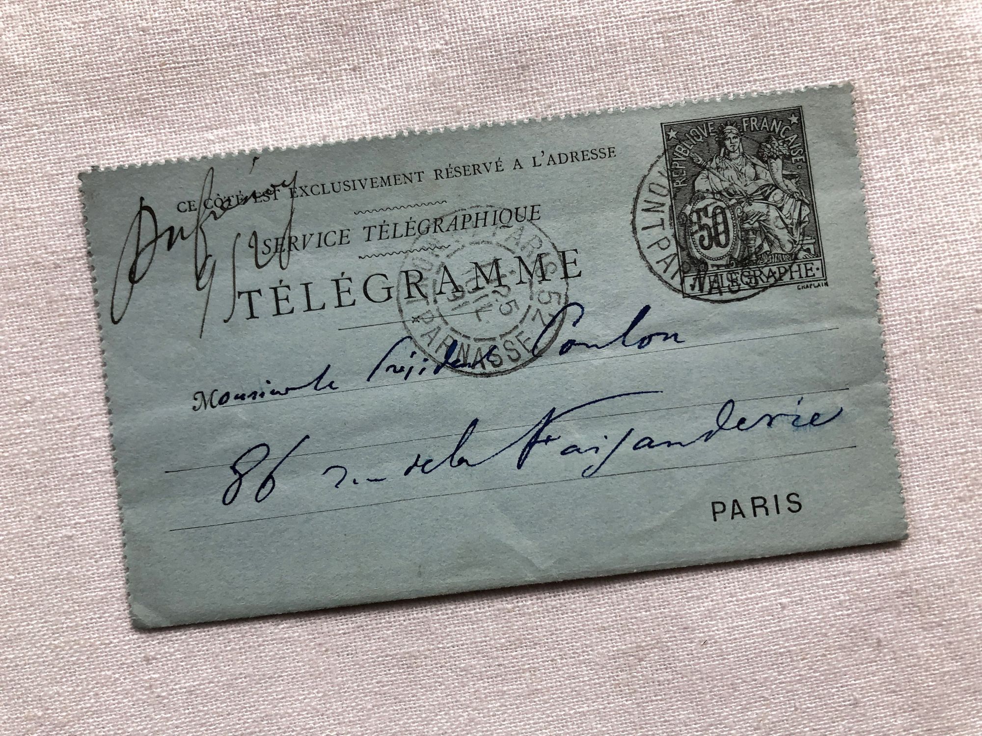 Telegram addressed in 1891 to Georges Coulon President of the French Council of State