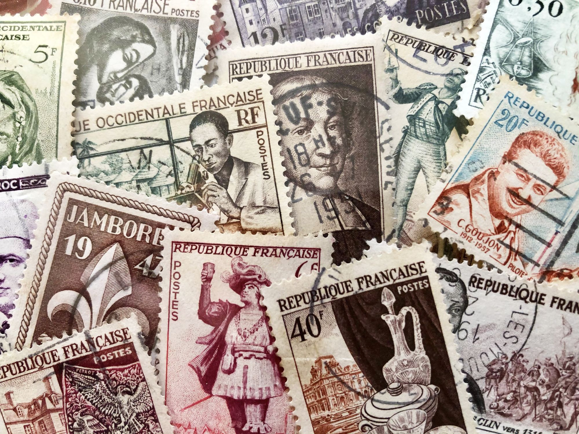 Set of 30 large vintage French stamps from 1940s to 1960s
