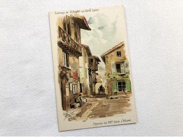 French vintage postcard of Saint-Alban-les-Eaux by the painter Louis Tauzin from 1900s