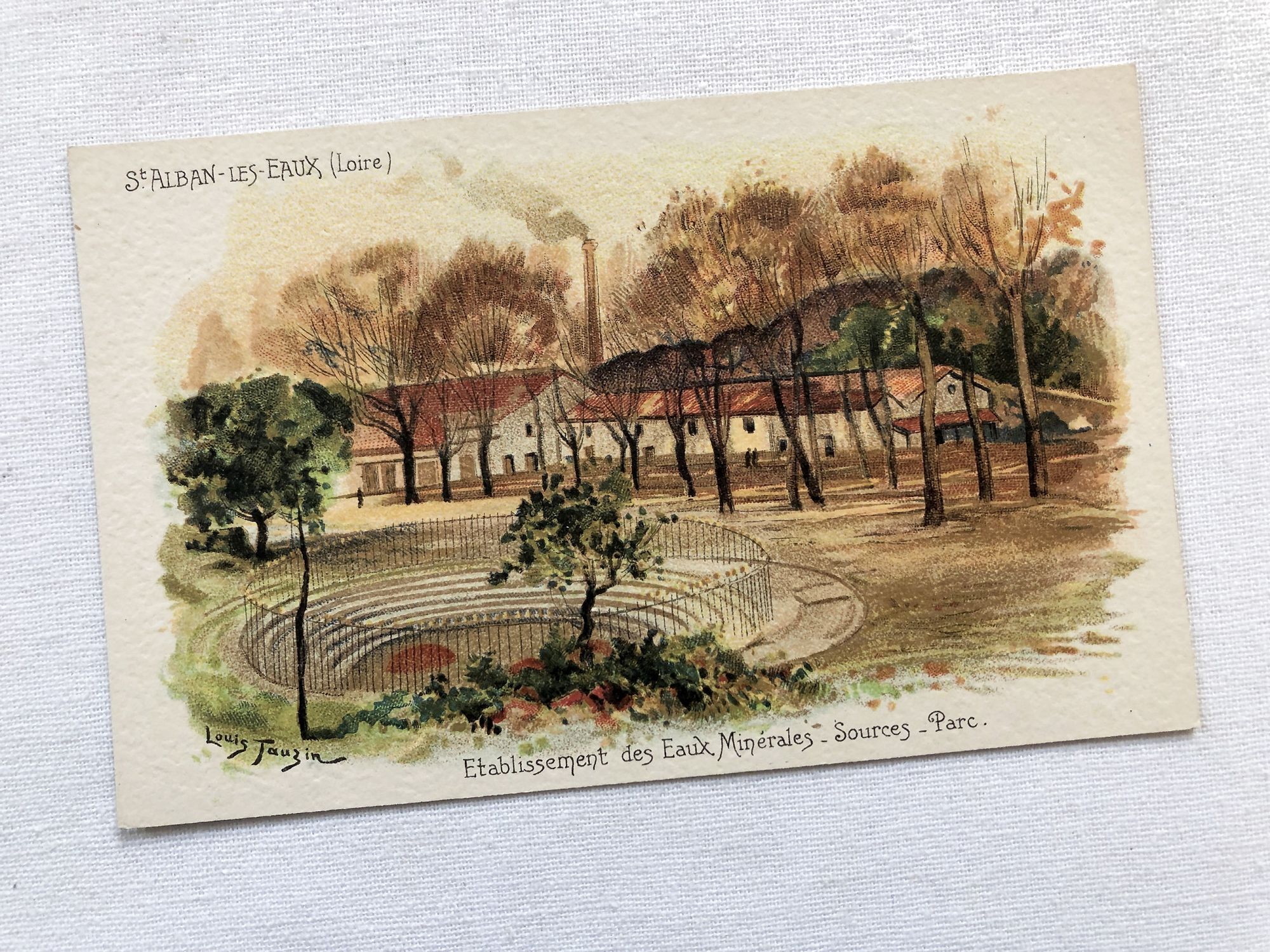 French vintage postcard of Saint-Alban-les-Eaux by the painter Louis Tauzin from 1900s