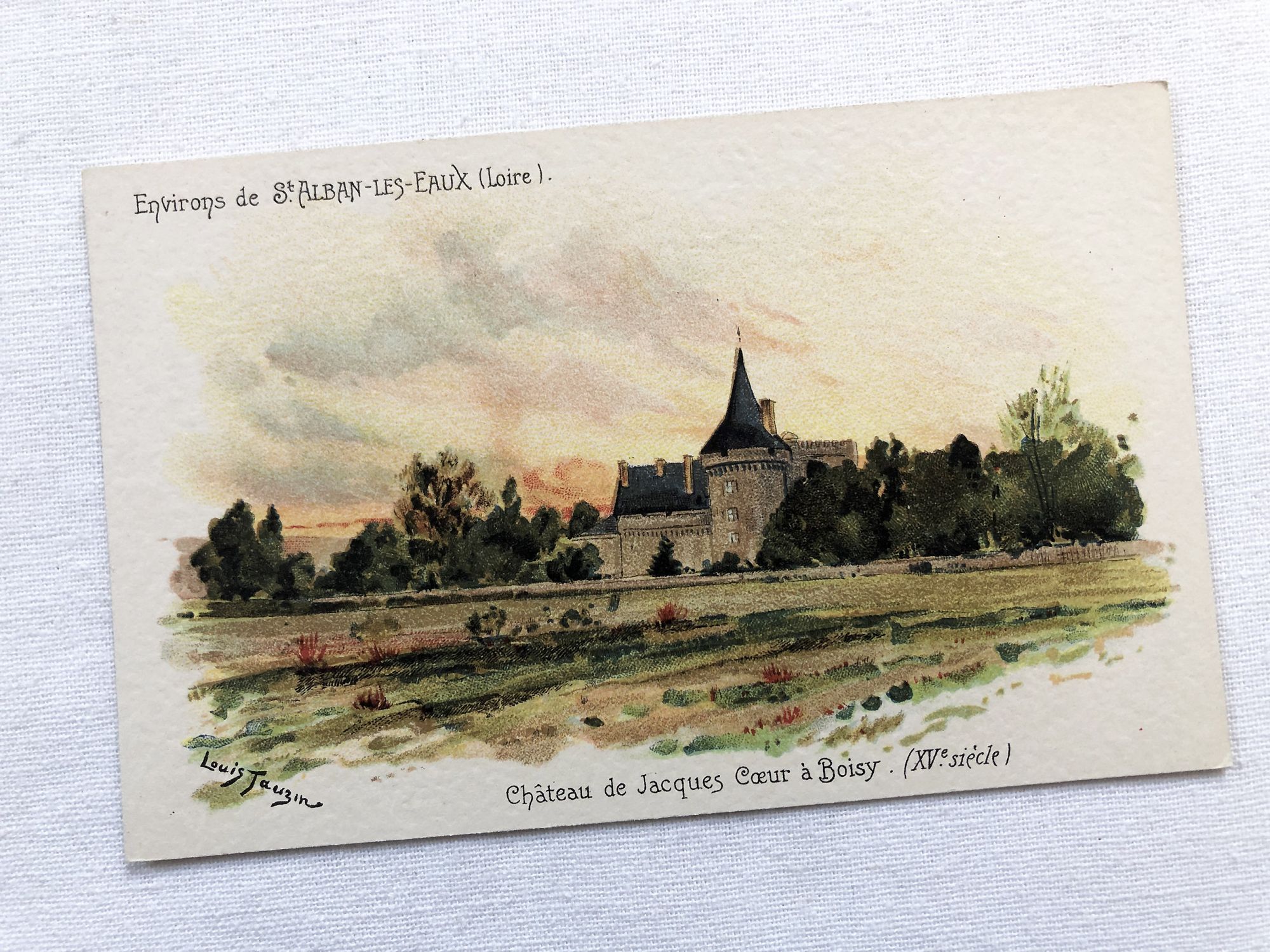 French vintage postcard of Saint-Alban-les-Eaux by the painter Louis Tauzin from 1900s