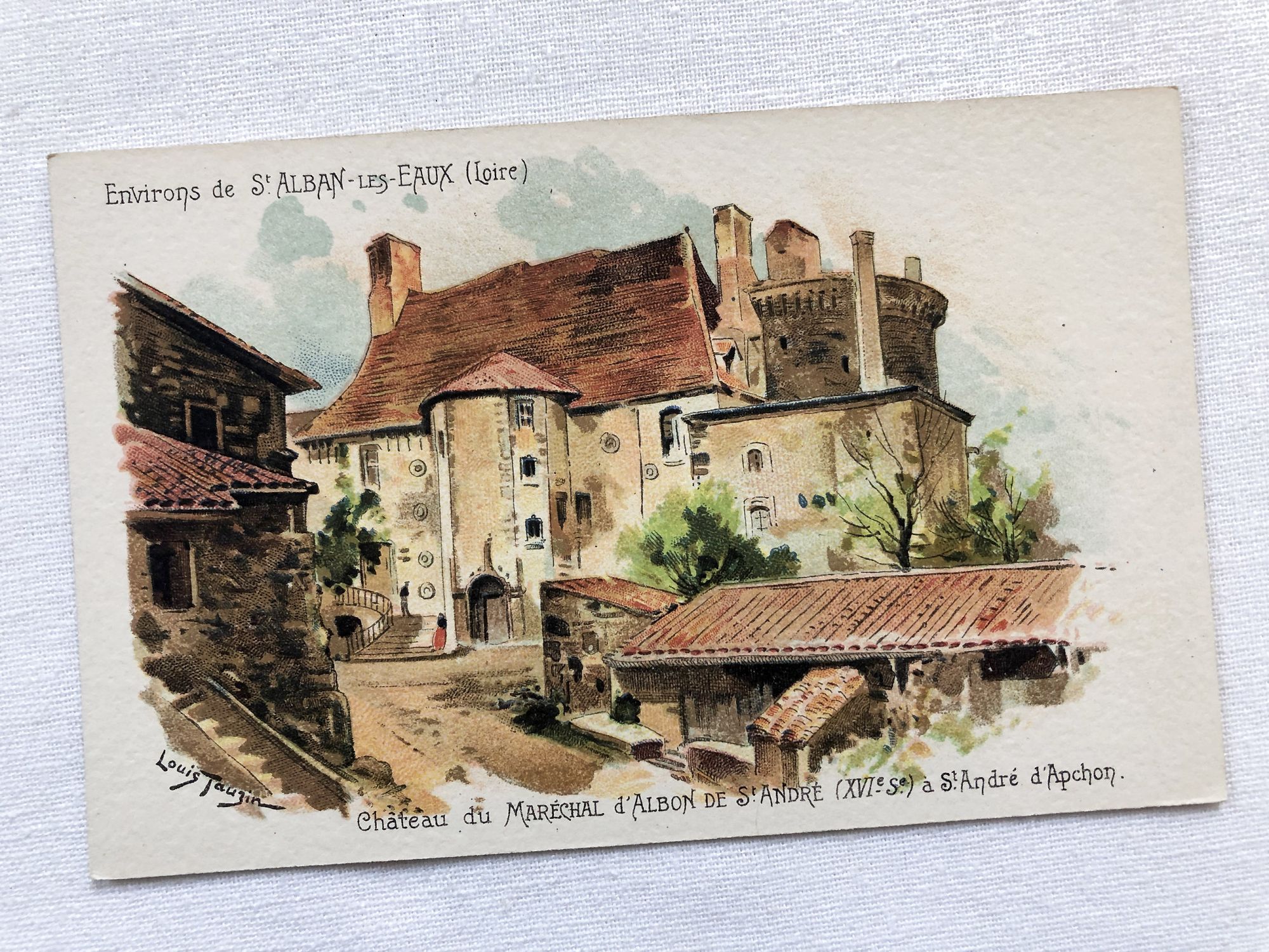 French vintage postcard of Saint-Alban-les-Eaux by the painter Louis Tauzin from 1900s