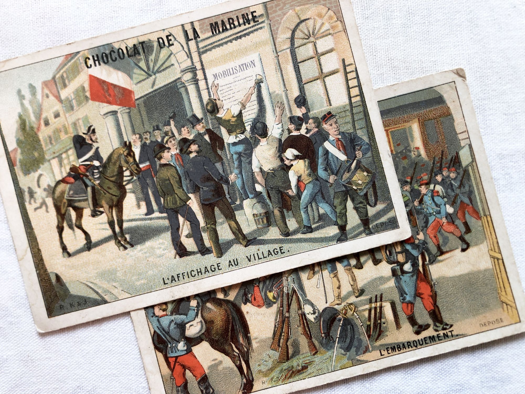 Two vintage French chromolithograph of the Chocolat de la Marine brand from 1910s
