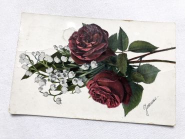Vintage Belgian postcard with a bouquet of roses and lily of the valley from 1900s
