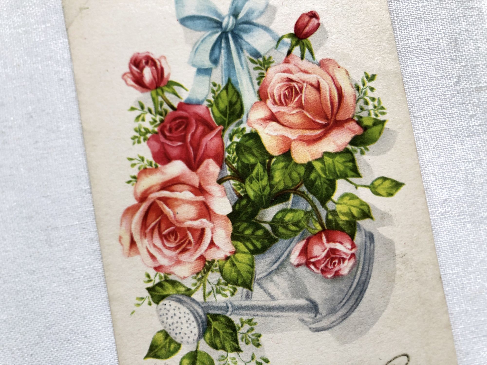 Vintage French postcard with a bouquet of roses from 1950s