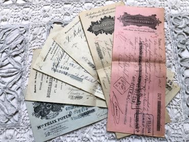Set of 6 French bills of exchange from 1910s with tax stamps and rubber-stamps