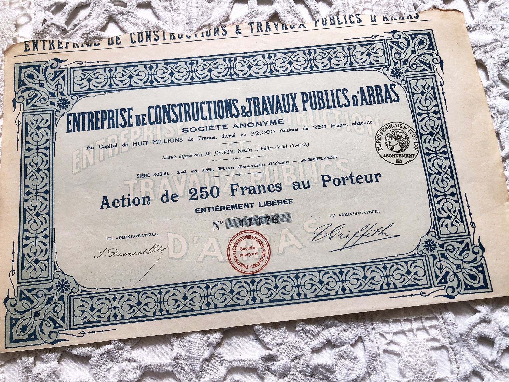 French bearer share of 250 francs from 1930s of a construction and public works company in the north of France in Arras.