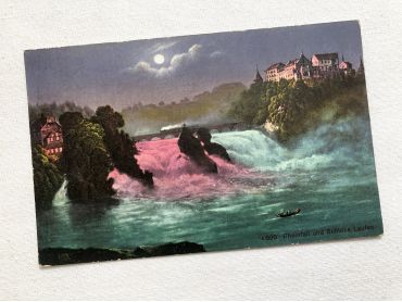 Swiss postcard representing the Rhine falls and the Laufen castle from 1910s