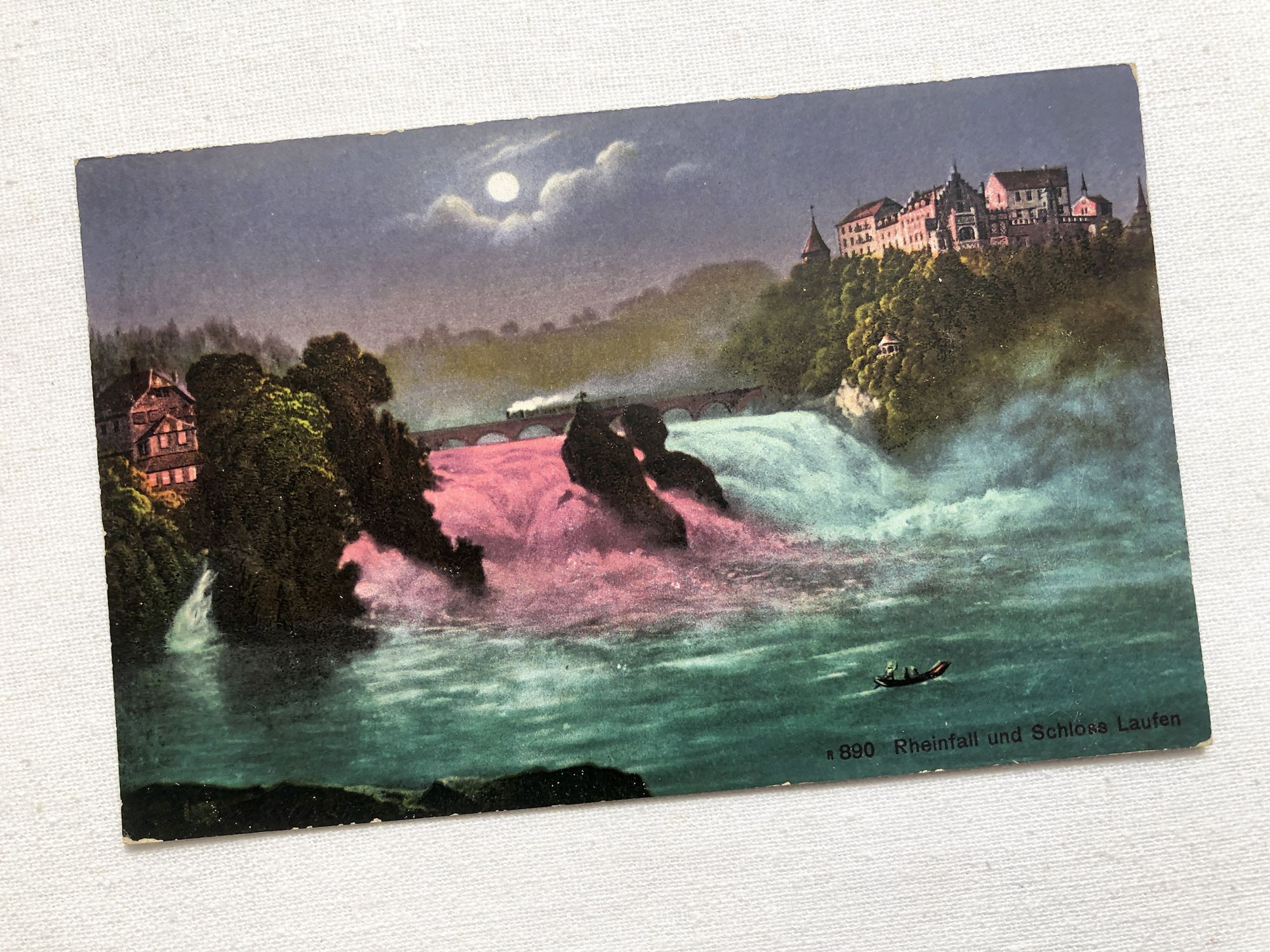 Swiss postcard representing the Rhine falls and the Laufen castle from 1910s
