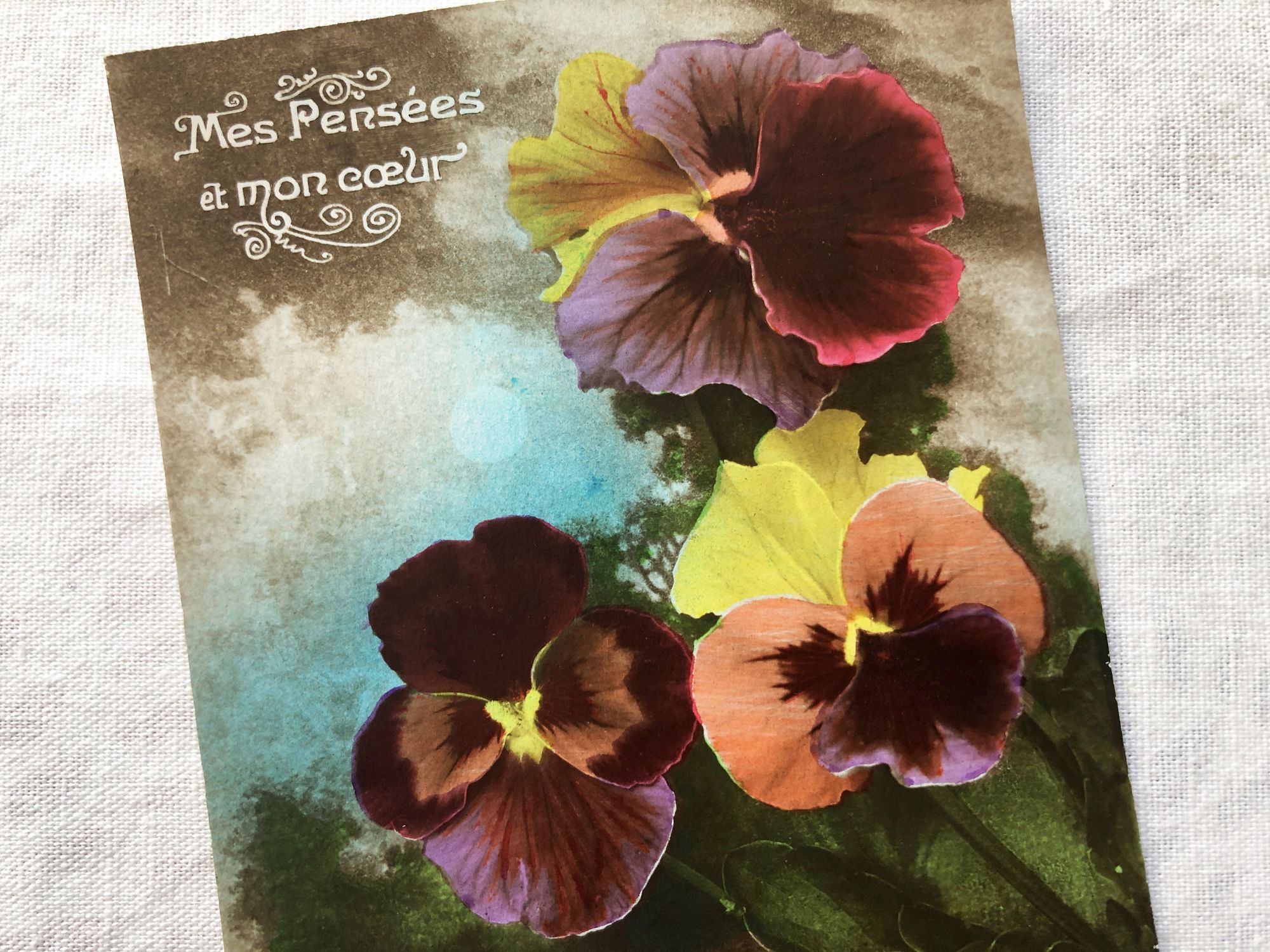 Vintage French postcard with a small bouquet of pansies