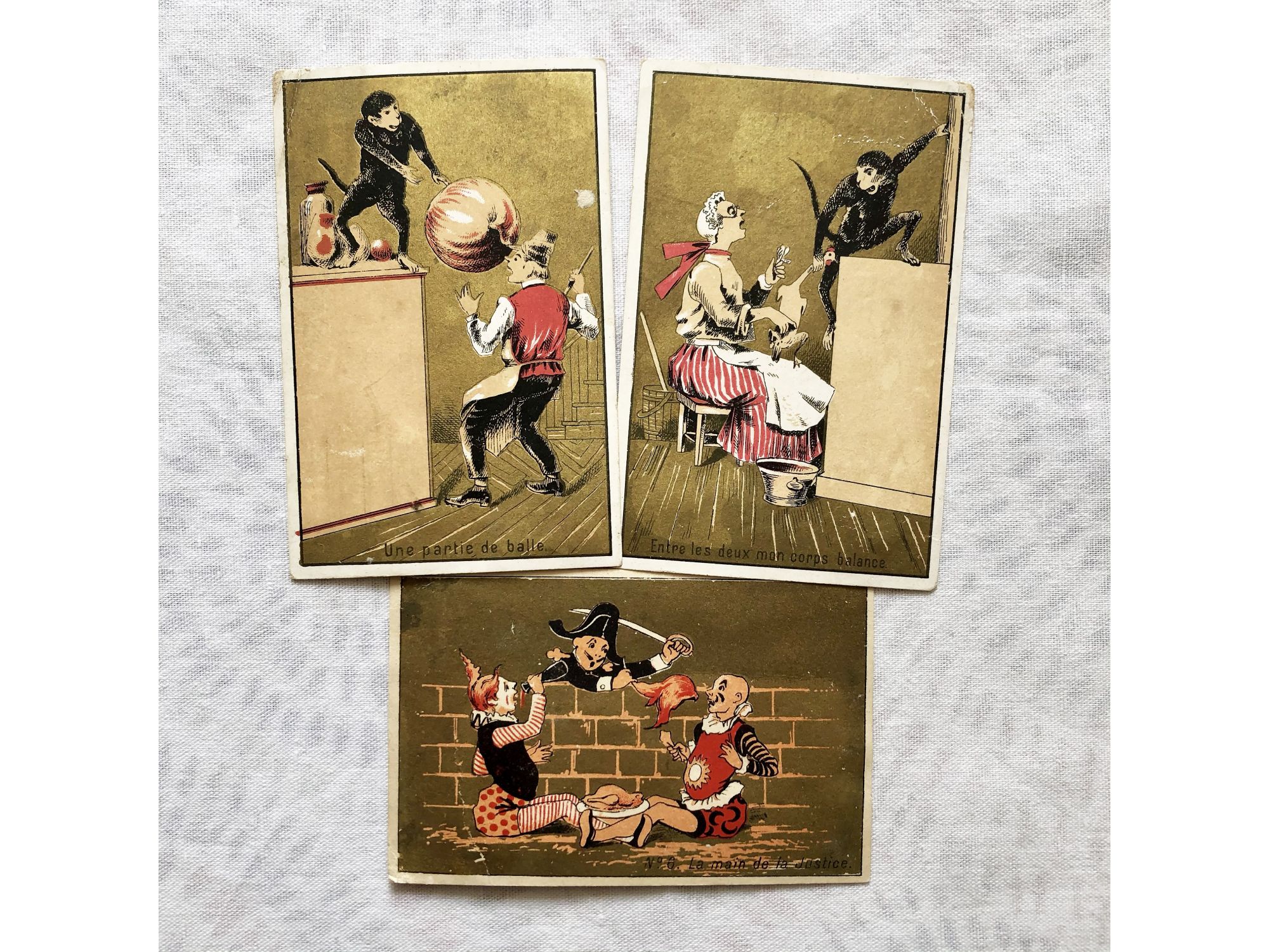 3 vintage French chromos representing small humorous scenes at the end of the 19th century