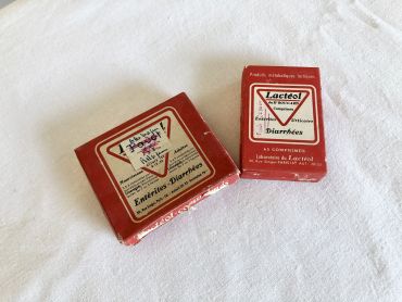 Set of two French Lacteol medication boxes of the 1960s