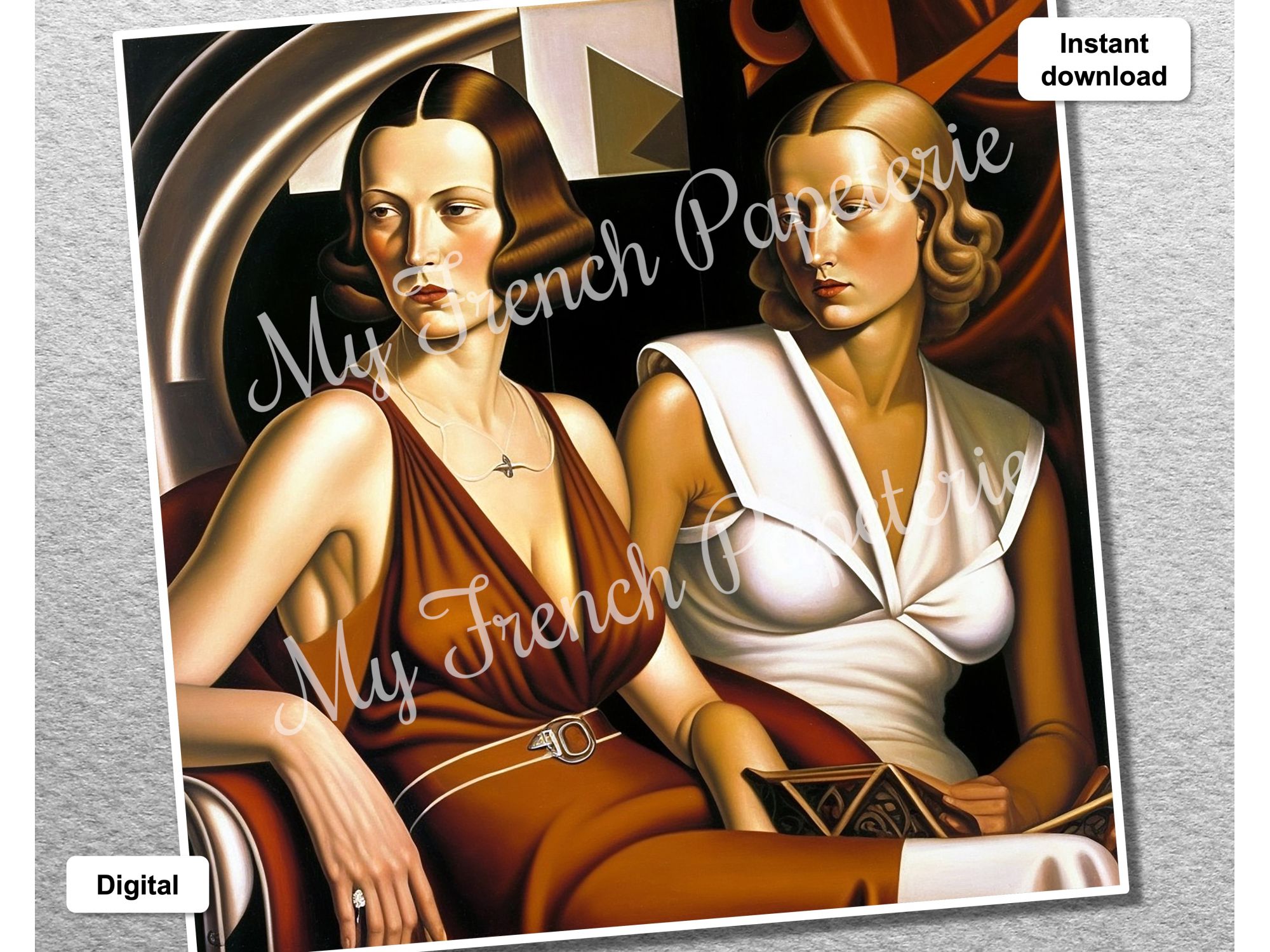 Painting of women in the style of Tamara de Lempicka