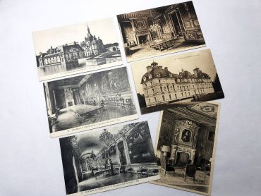 6 French postcards of the Chantilly and Cheverny castles in France from 1930s