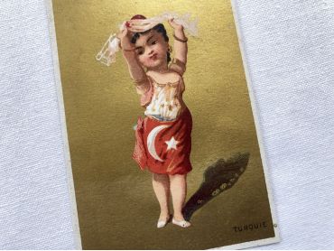 Vintage French chromolithograph with a young lady representing Turkey with golden background from 1890s