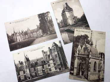 4 French postcards of the castle of Meillant in France from 1930s