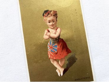 Vintage French chromolithograph with a young lady representing the United Kingdom with golden background from 1890s