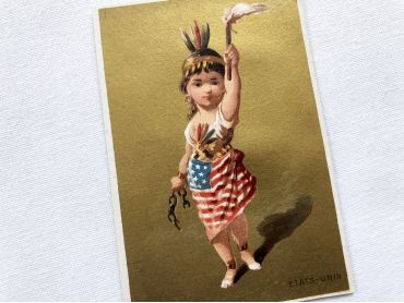 Vintage French chromolithograph with a young lady representing the United States with golden background from 1890s