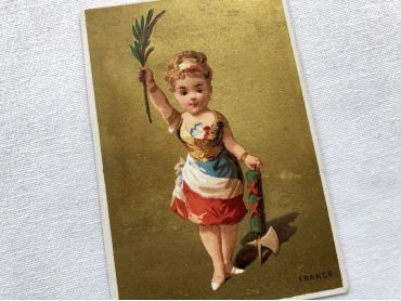 Vintage French chromolithograph with a young lady representing France with golden background from 1890s