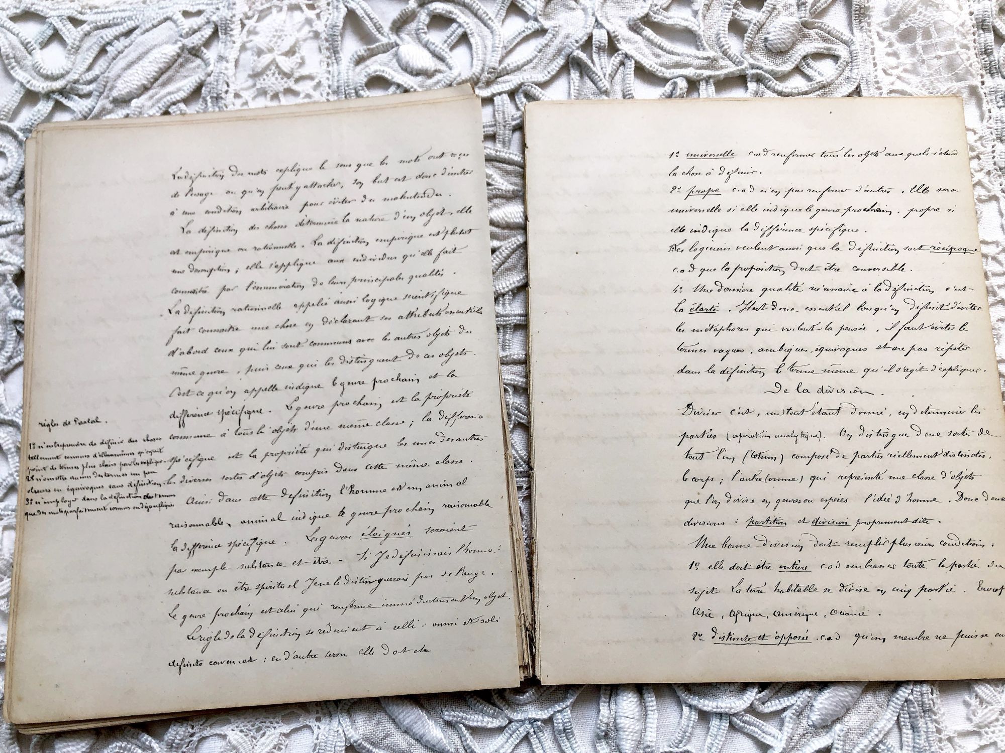 5 pages of philosophy course in French with beautiful writing - 1860s