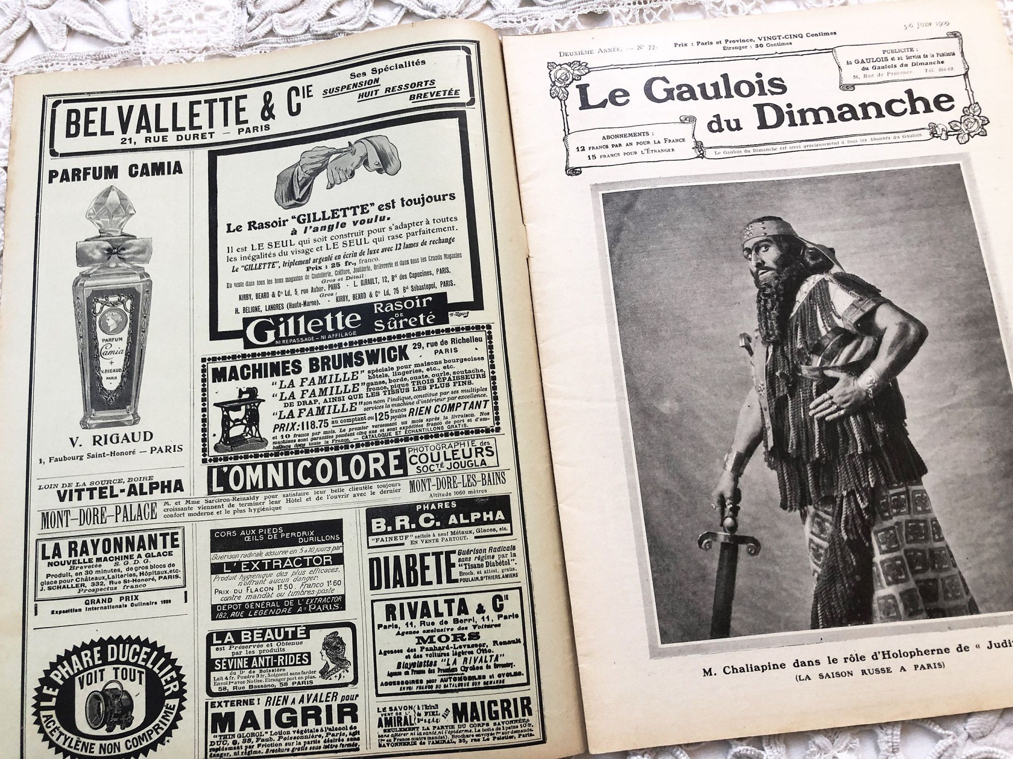 French weekly newspaper "Le Gaulois du Dimanche" of June 1909 with engravings, photos, advertising, music sheet, articles, etc.