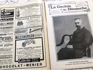 French weekly newspaper "Le Gaulois du Dimanche" of July 1909 with engravings, photos, advertising, music sheet, articles, etc.