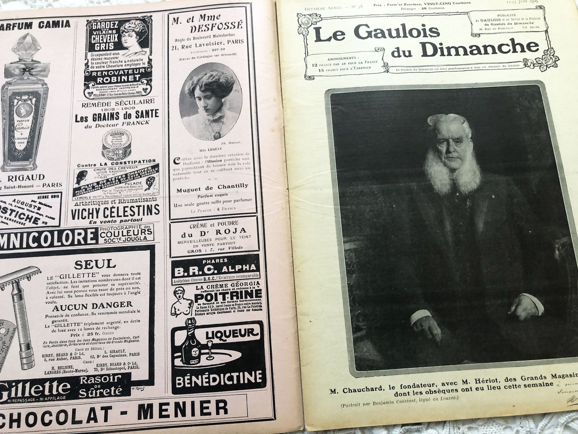 French weekly newspaper "Le Gaulois du Dimanche" of June 1909 with engravings, photos, advertising, music sheet, articles, etc.