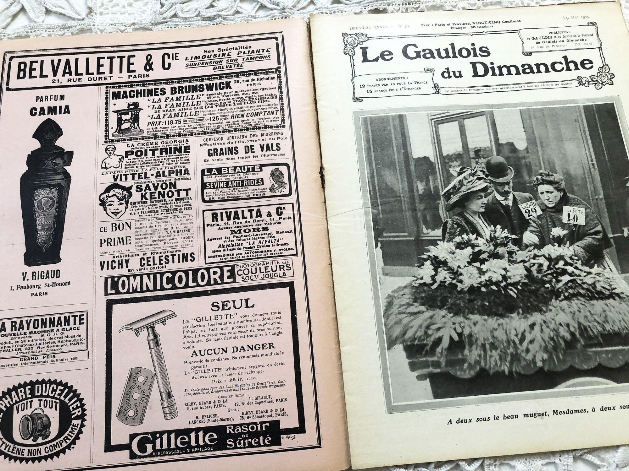 French weekly newspaper "Le Gaulois du Dimanche" of May 1909 with engravings, photos, advertising, music sheet, articles, etc.