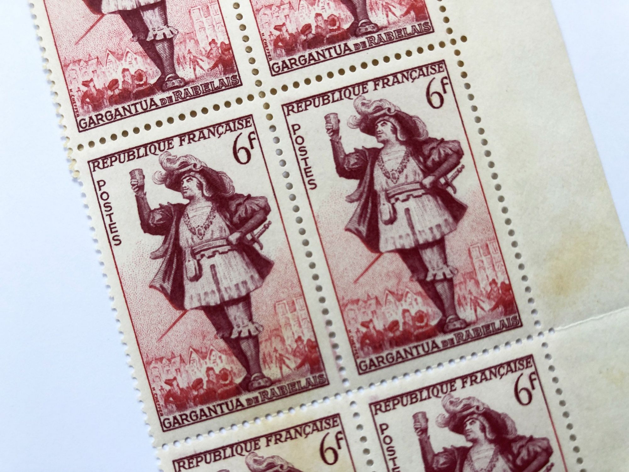 Block of 6 old French stamps representing Gargantua n° 943