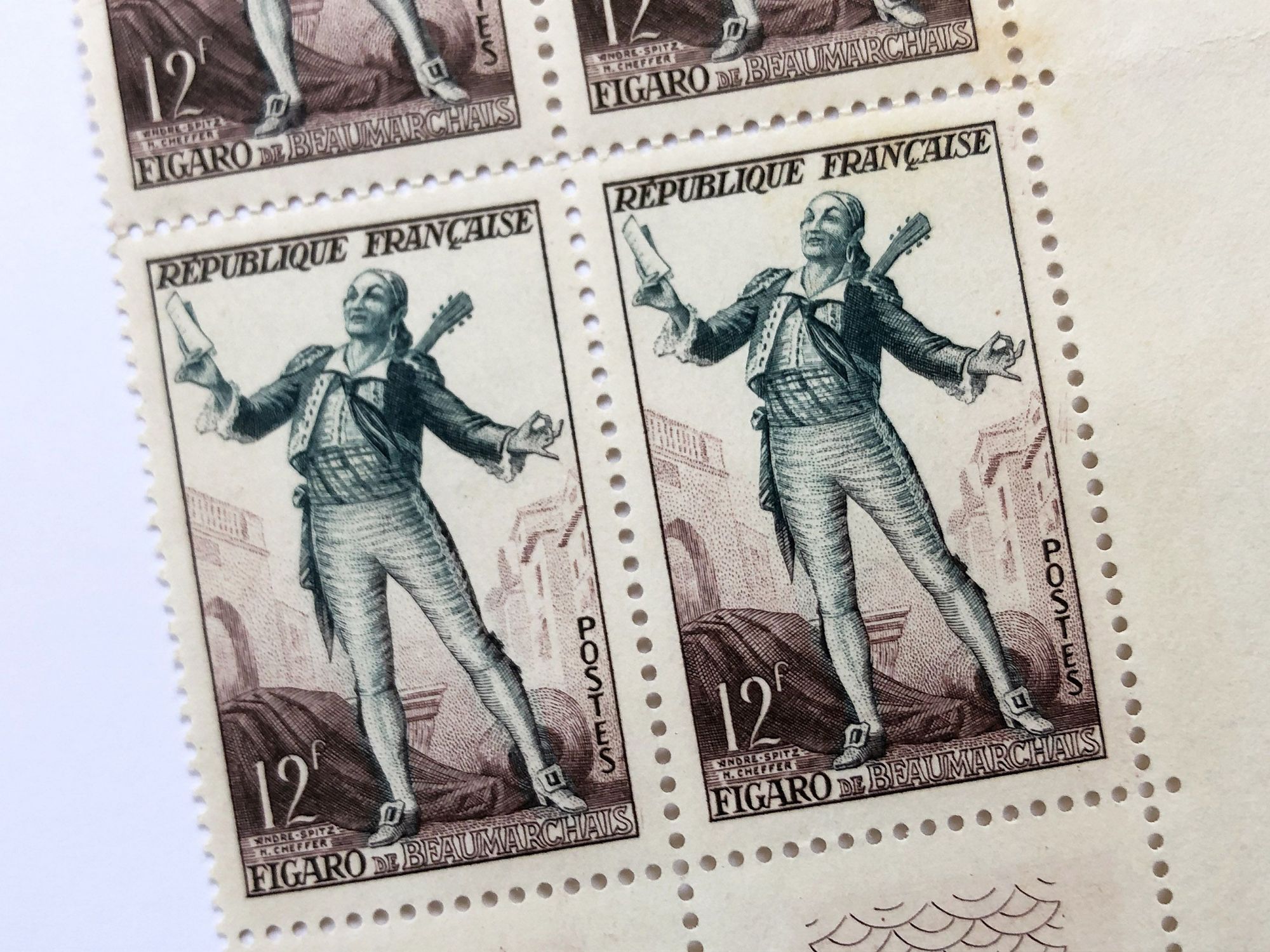 Block of 4 old French stamps representing Figaro de Beaumarchais