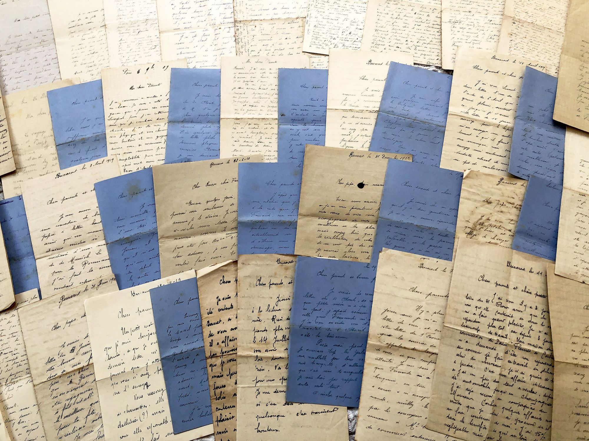 Set of 48 French vintage letters from 1910s and 1920s of a young French man working in Romania to his parents