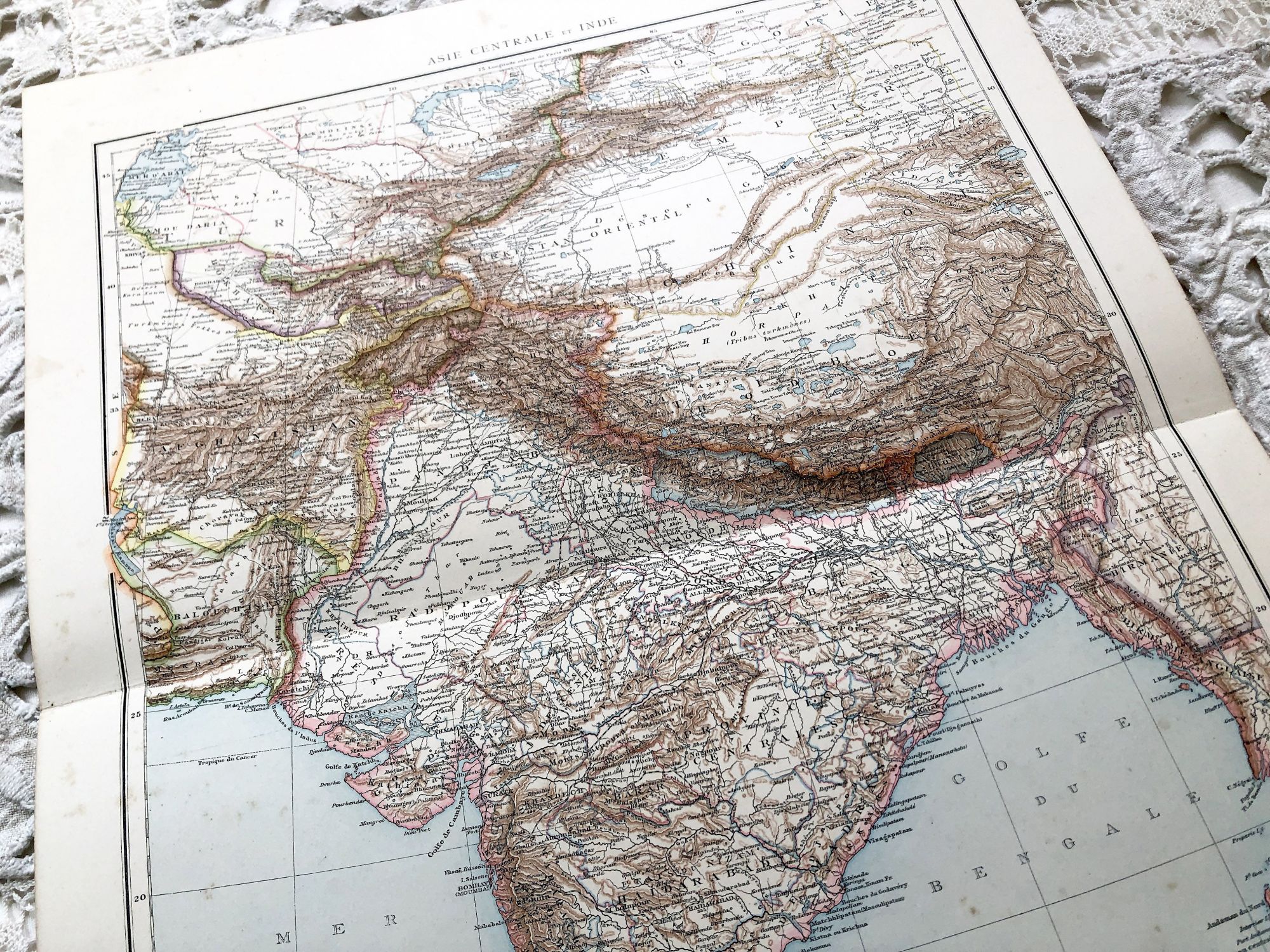 Huge vintage map of Central Asia and India from a French atlas of the 1910s