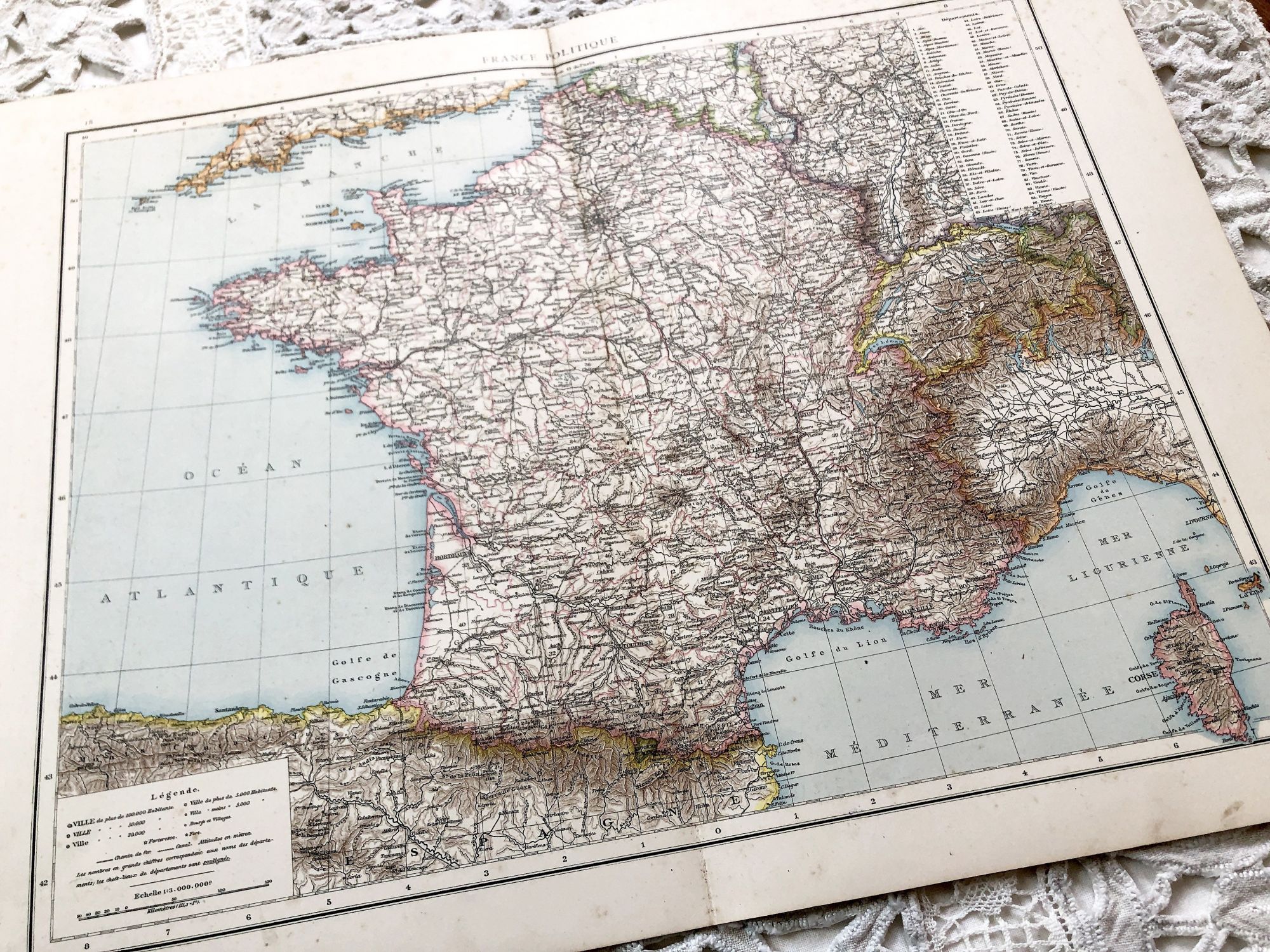 Huge vintage map of France from a French atlas of the 1910s