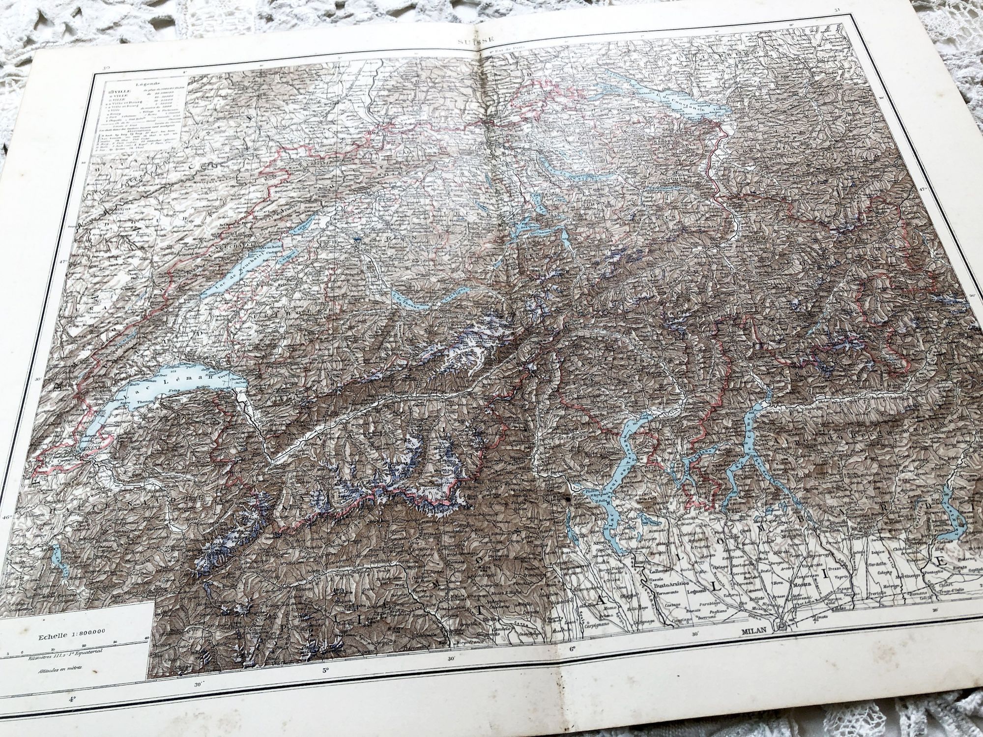 Huge vintage map of Switzerland from a French atlas of the 1910s