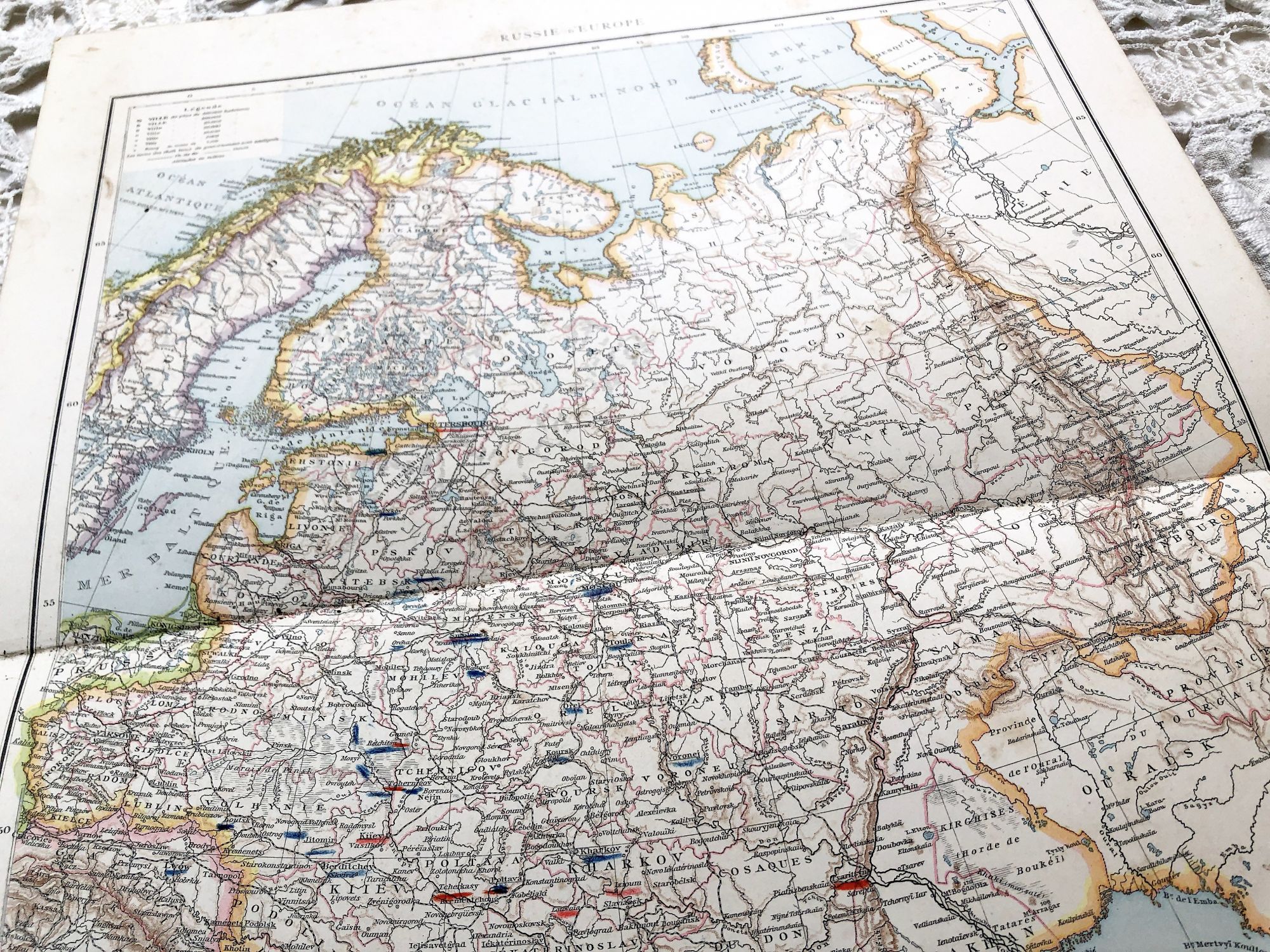 Huge vintage map of western Russia from a French atlas of the 1910s