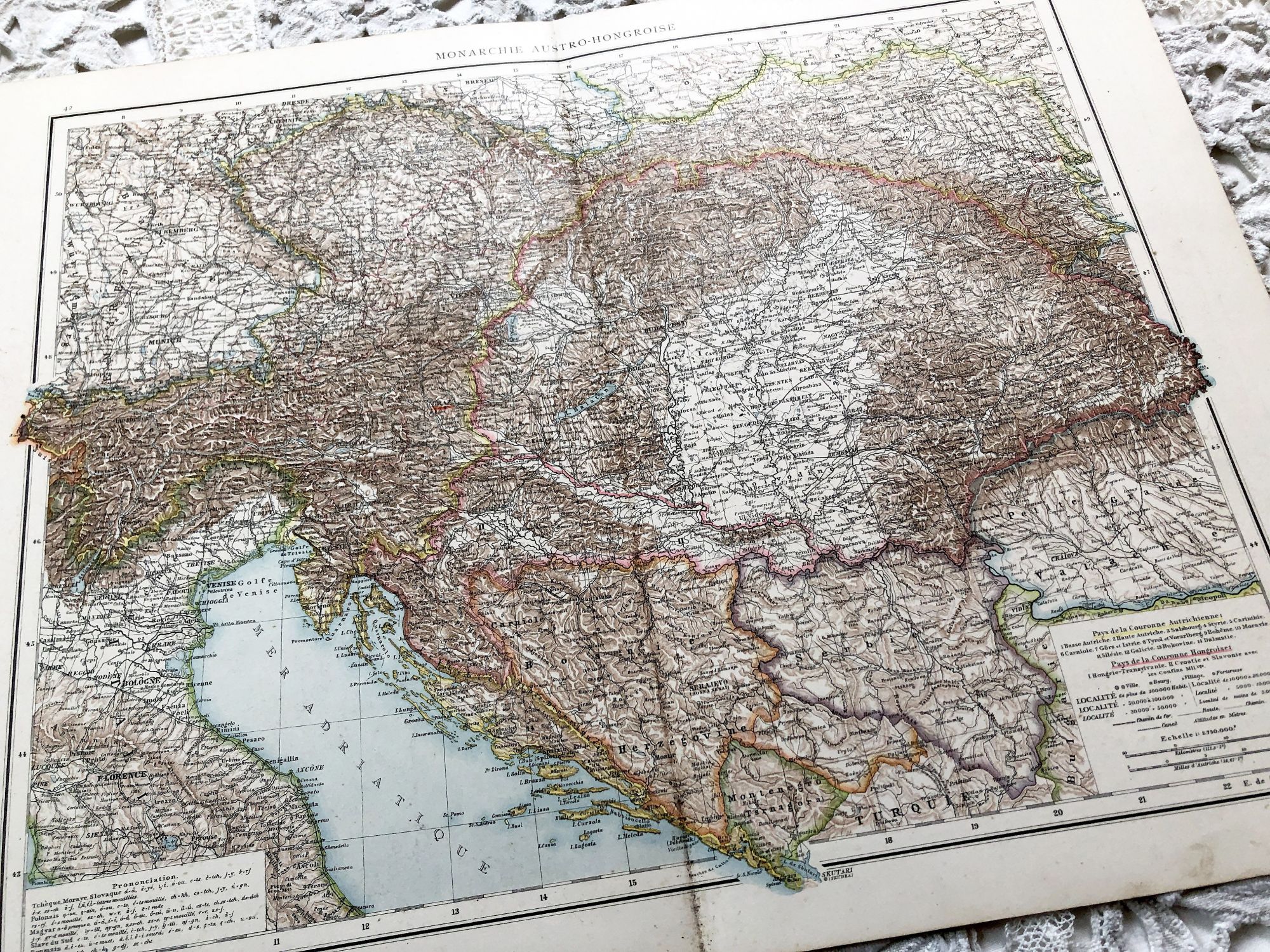 Huge vintage map of of the Austro-Hungarian monarchy (Hungary, Czech Republic, Austria, etc.) from a French atlas of the 1910s
